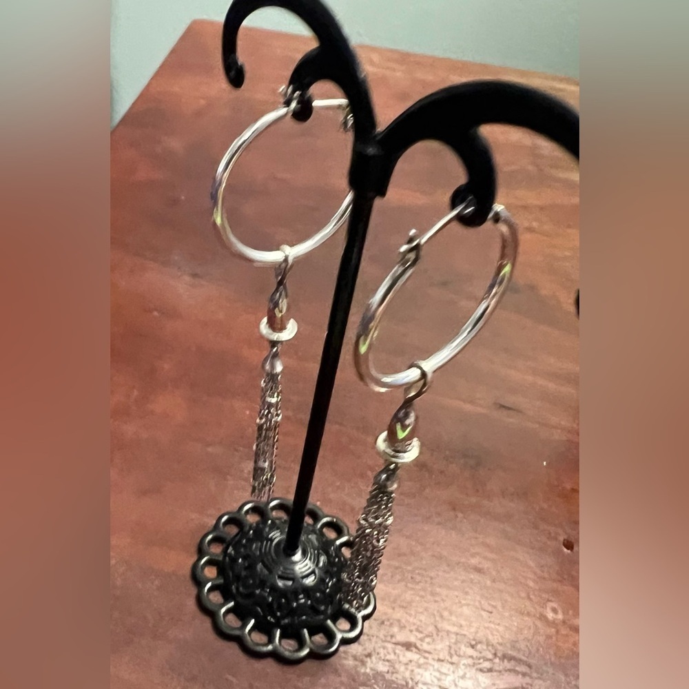 Chamilia CHAM 925 Silver Tassel Drop Hoop Earrings Interchangeable Set EUC #364 - Picture 6 of 7